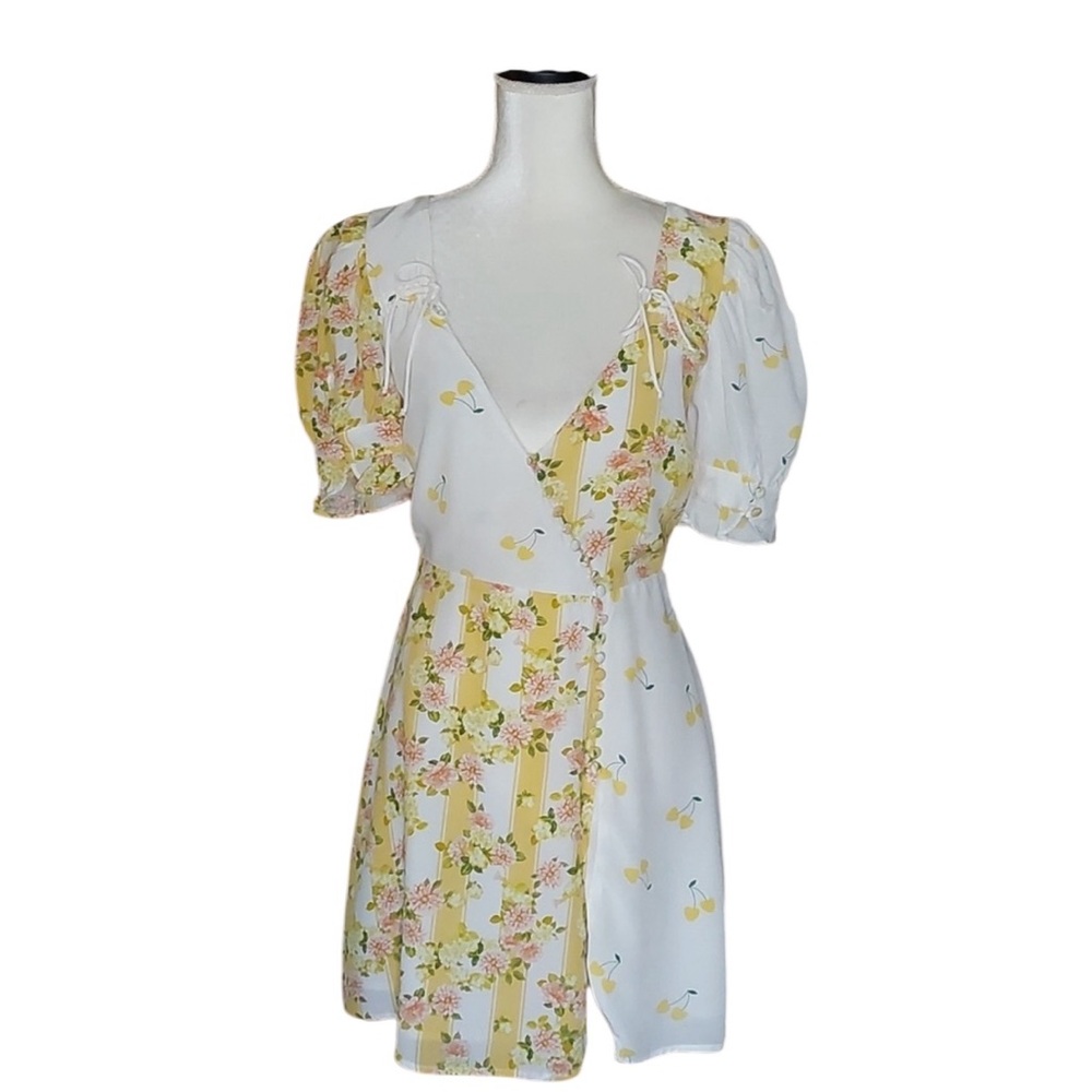 For Love & Lemons Savannah Wrap Mini Dress in Buttercreme Floral Puff Sleeve, S - Picture 10 of 15